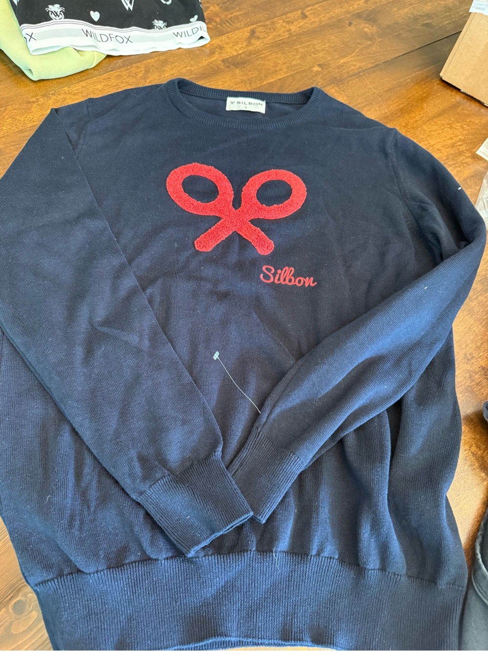 Navy Crewneck Sweater with Red Appliqué